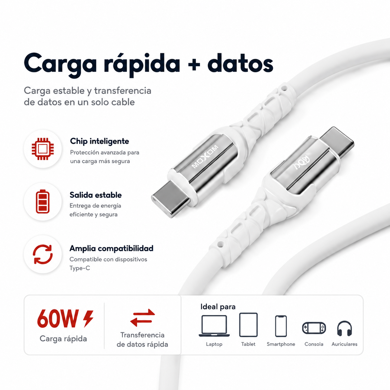 Cable Tipo C A Tipo C 60W Moxom Silicona 1 Metro-6