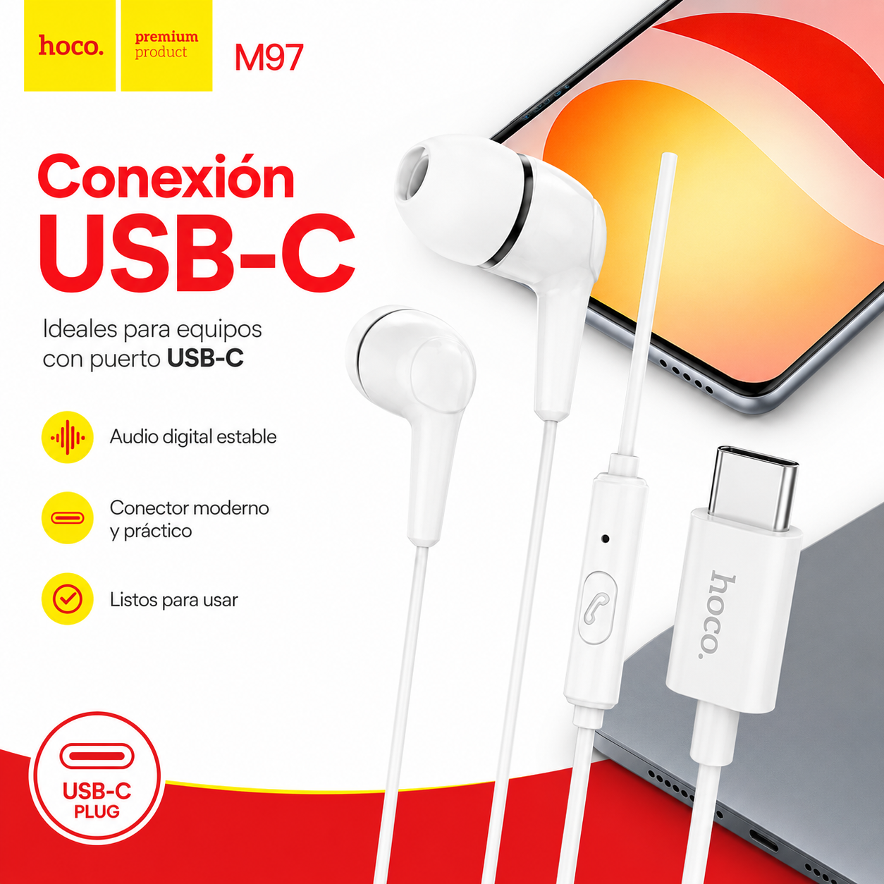 Audifonos USB C Con Microfono Stereo Bass Hoco M97-2