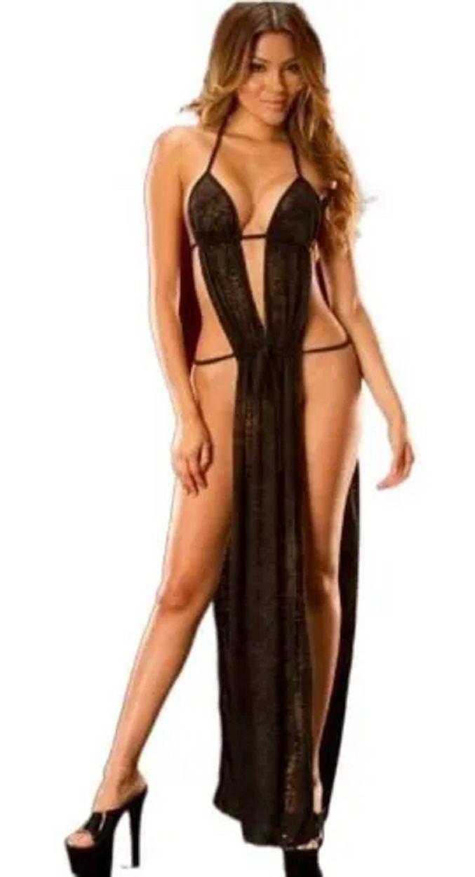 Camison Lenceria Erotica Transparentede Malla Pecho Desnudo Negro-0