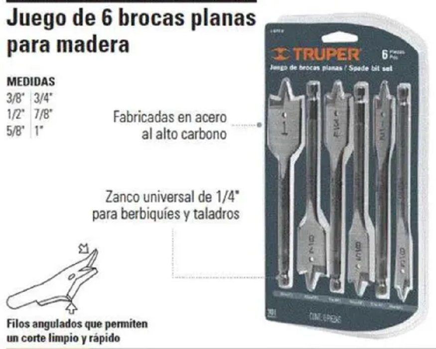 Juego De Brocas Planas Para Madera, 6 Piezas, Truper J-bpt-6-3