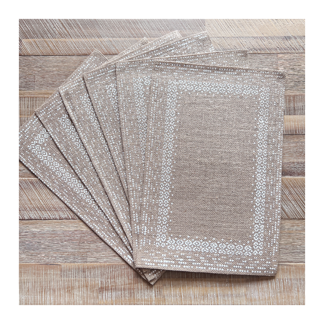 SET 6 Individuales Arpillera Estampado Natural Vintage Blanco-2