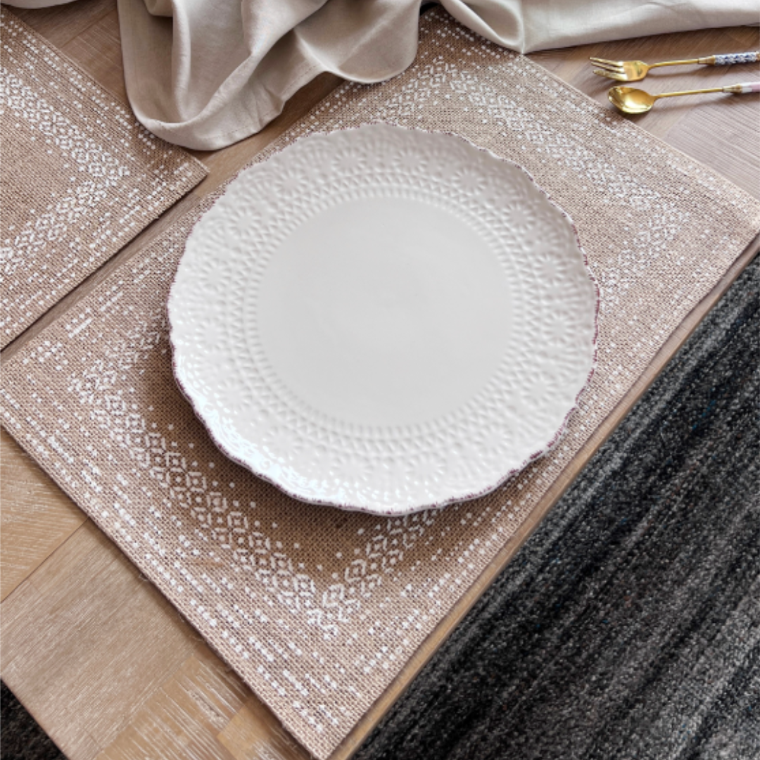 SET 6 Individuales Arpillera Estampado Natural Vintage Blanco-1