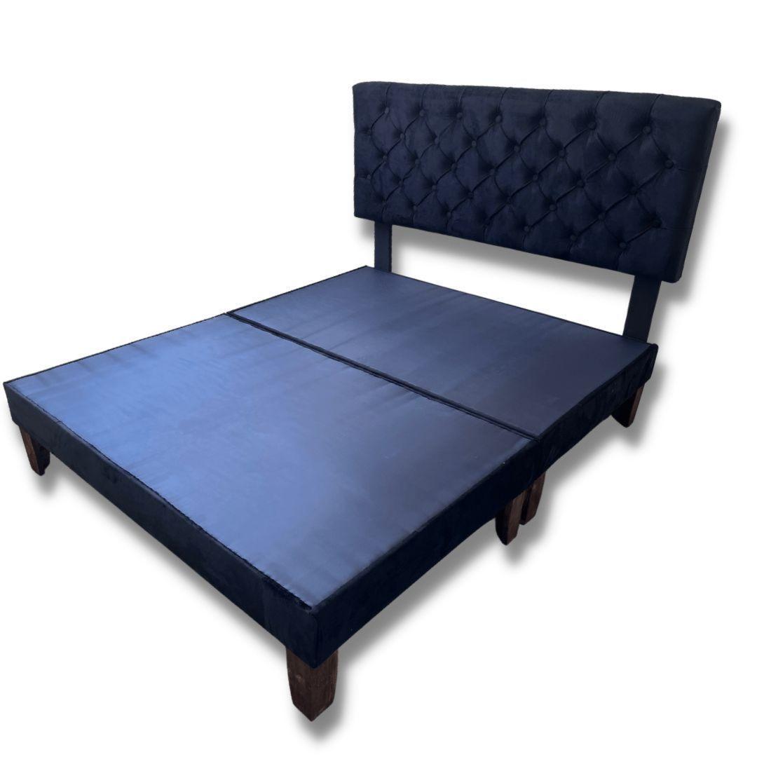 Cama 2 Plazas Europea Felpa Negra con Bases divididas de 15 cm de grosor con respaldo capitoné-0