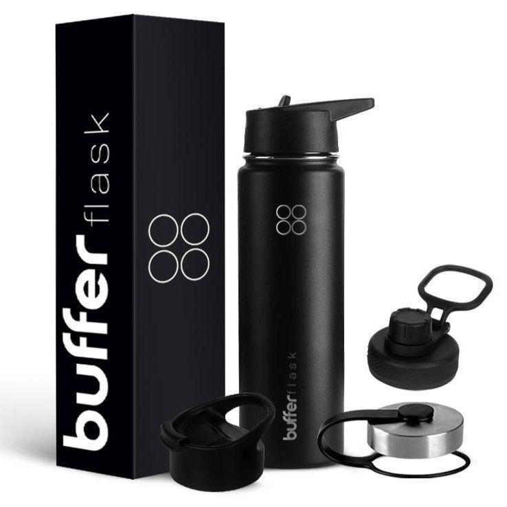 Termo Botella Agua Termica Buffer Acero Inoxidable +4 Tapas Negro-0