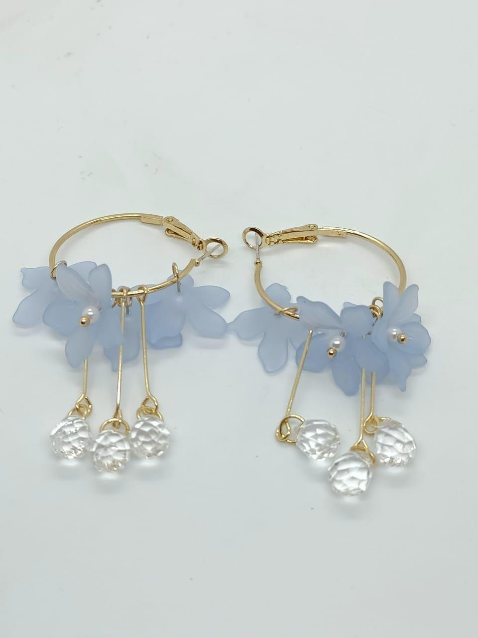 Aros pendientes largos flores azul índigo pétalos primaveral-3