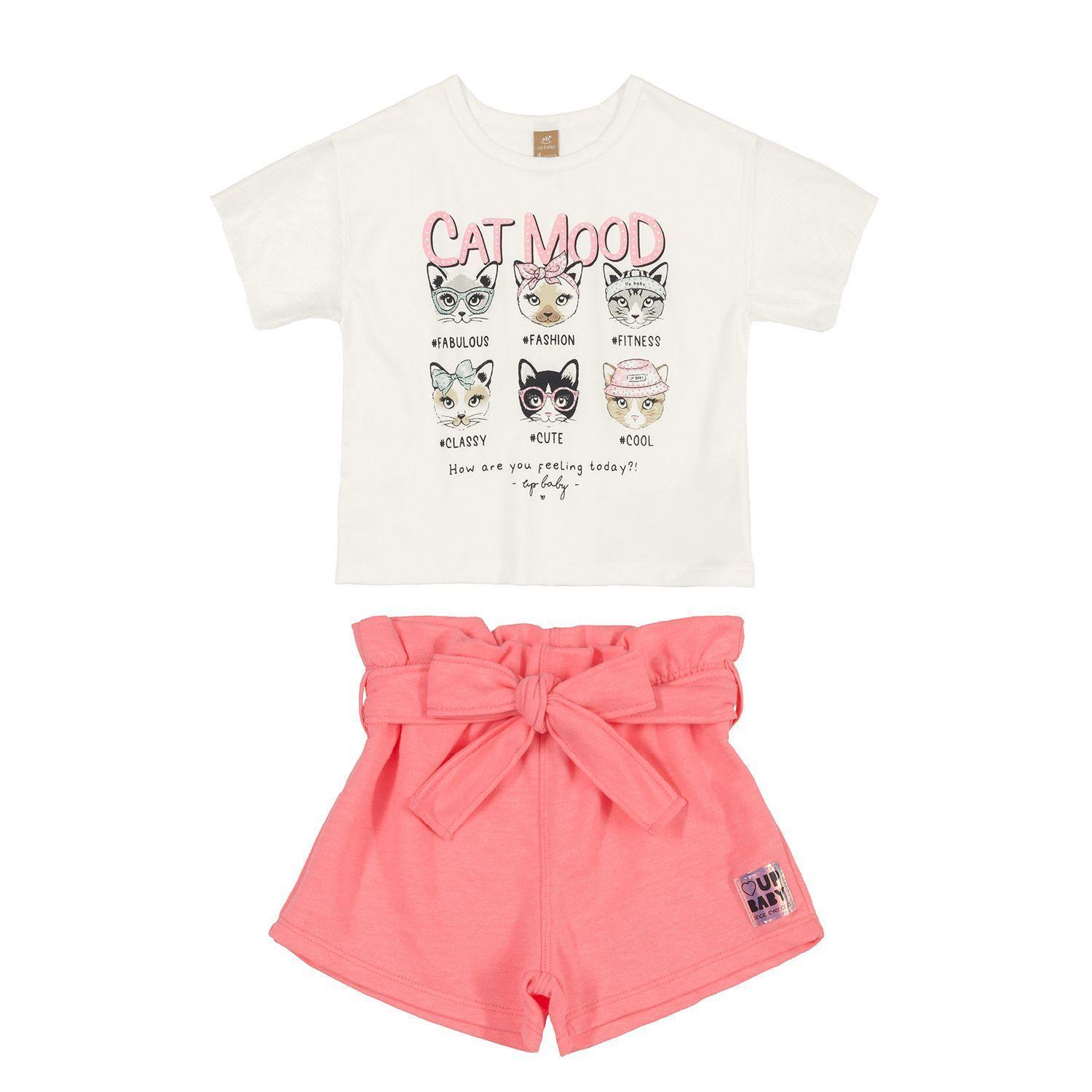 Conjunto Gatos Polera y Shorts Blanco y Rosado Up Baby-0