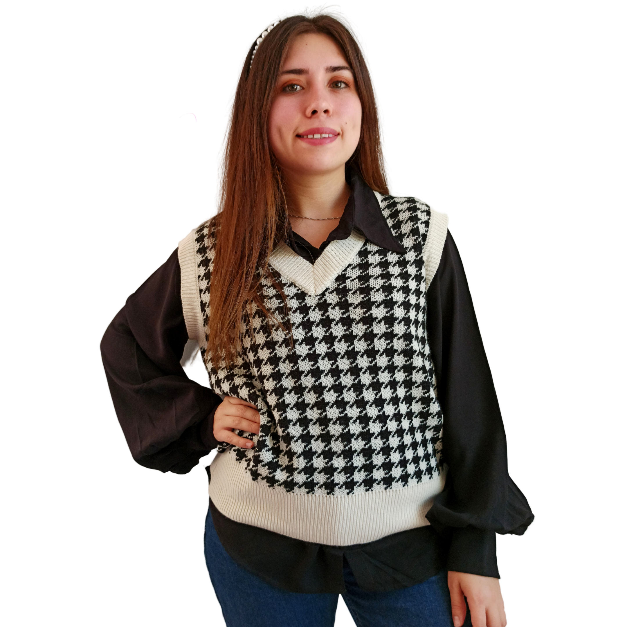 CHALECO MUJER, MODELO TEJIDO PATA DE GALLO-0