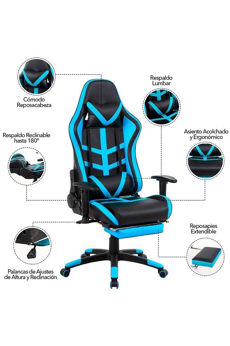 Silla Gamer Racing Reclinable Reposapiés Turquesa-4