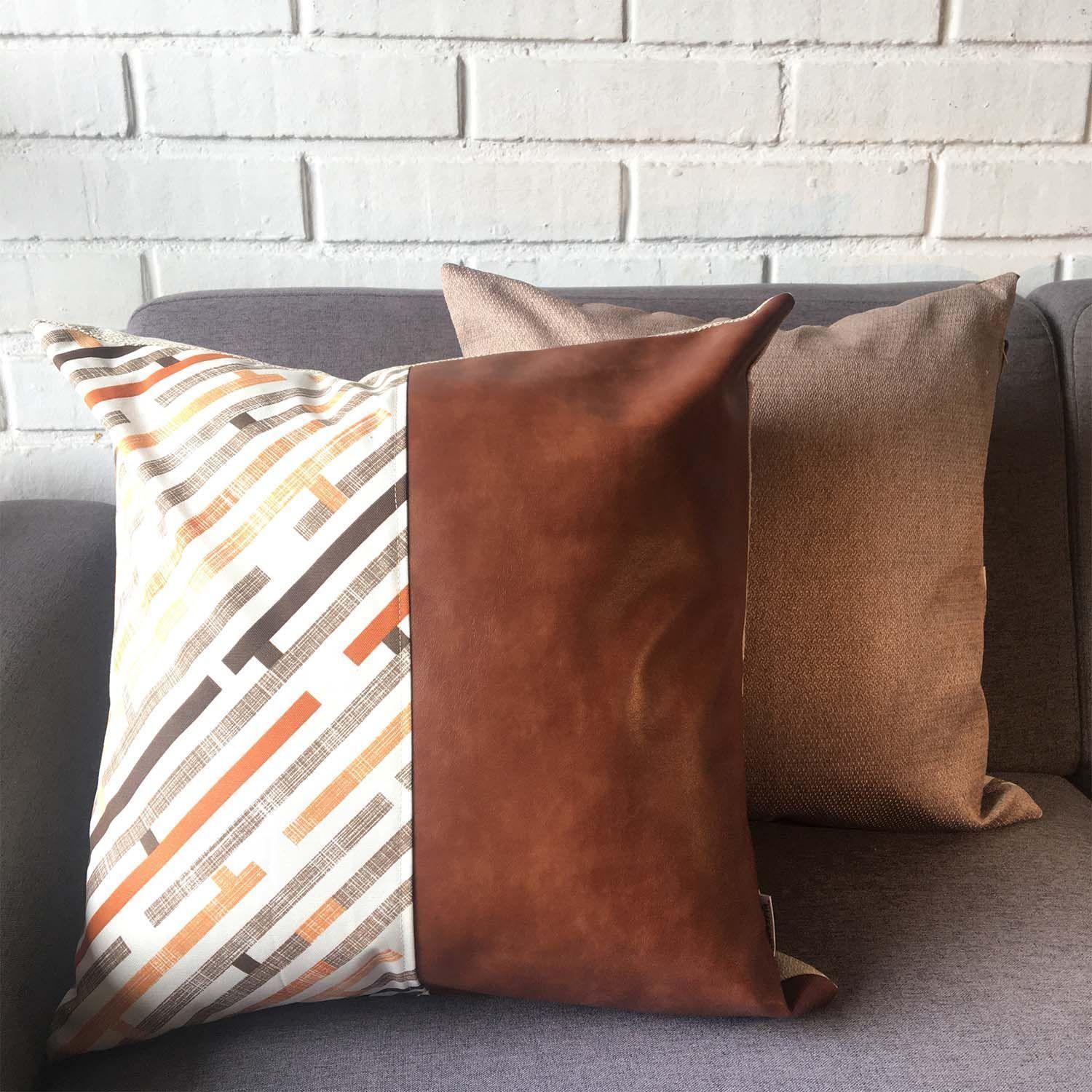 Funda Cojín Decorativo EcoCuero Naranjo y Beige 45x45-2