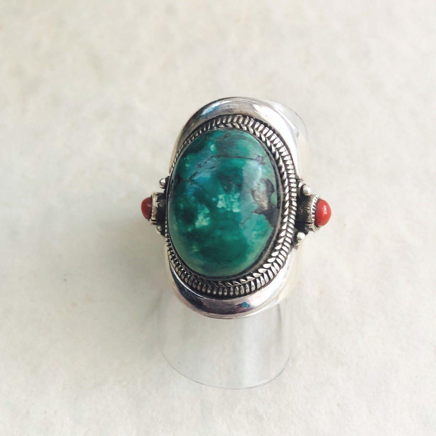 Anillo Turquesa y Coral Rojo en Plata 925-2