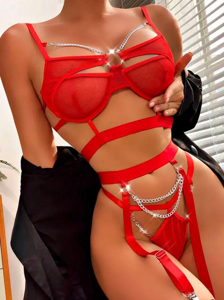 Conjunto intimo lencería Cadenas Rojo-3