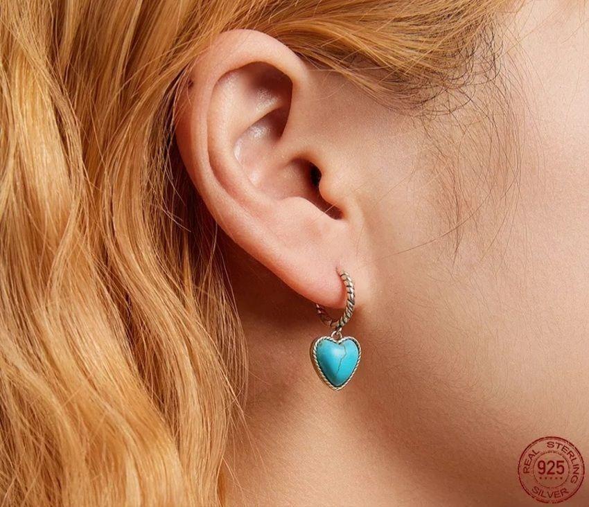 Aros Argolla Turquesa Corazon Plata 925-3