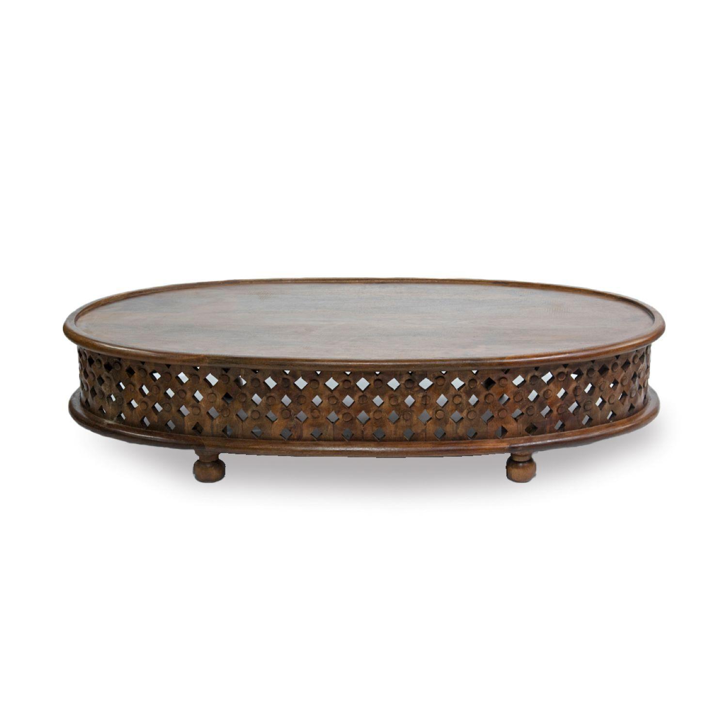 Mesa De Centro Ovalada Tallada Madera De Mango 140x70x35cm-0