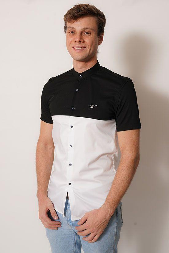 Camisa cuello Mao Color negro y blanco 100% fit-2