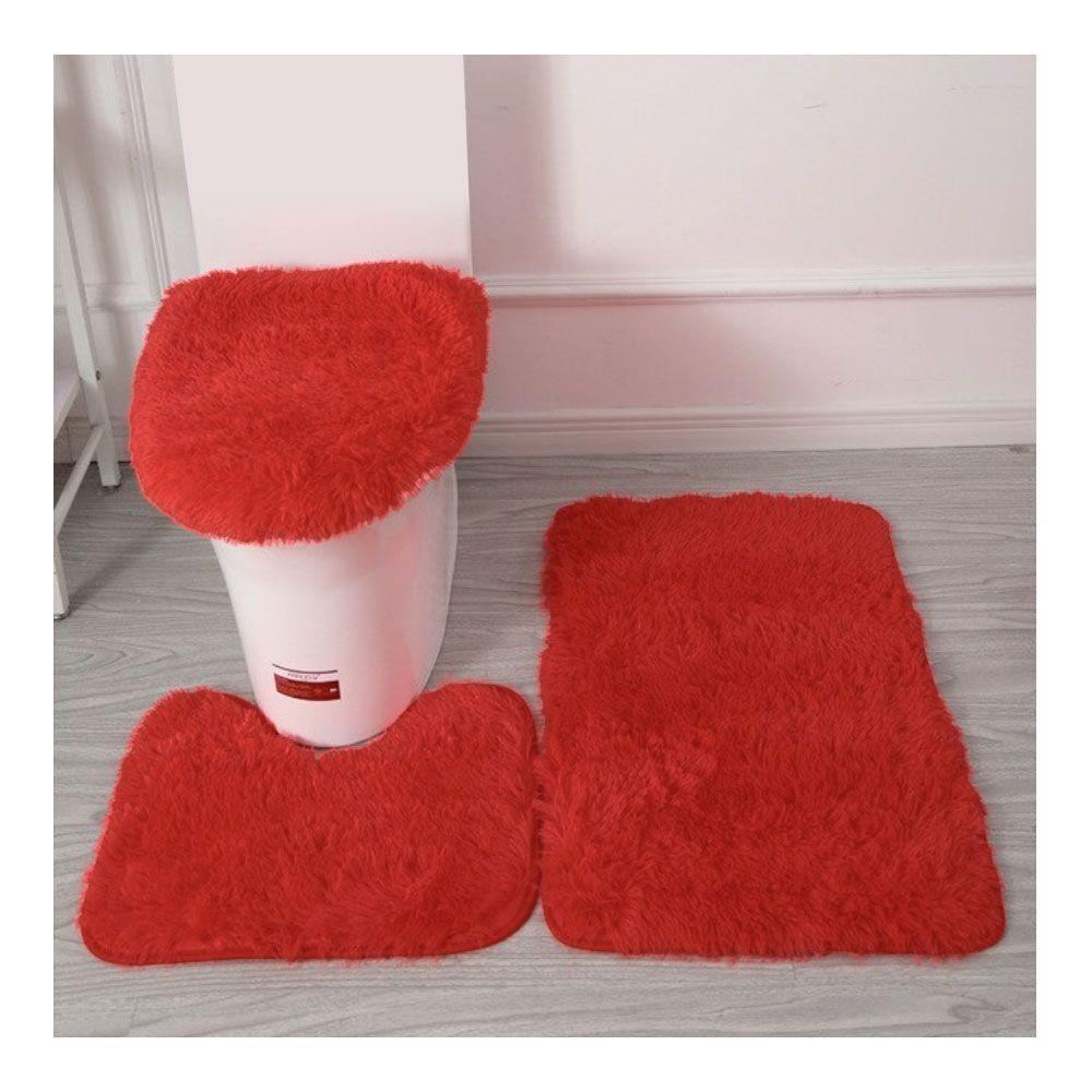 Set Alfombra Baño Antideslizante Peludo 3 Pcs Burdeo-0