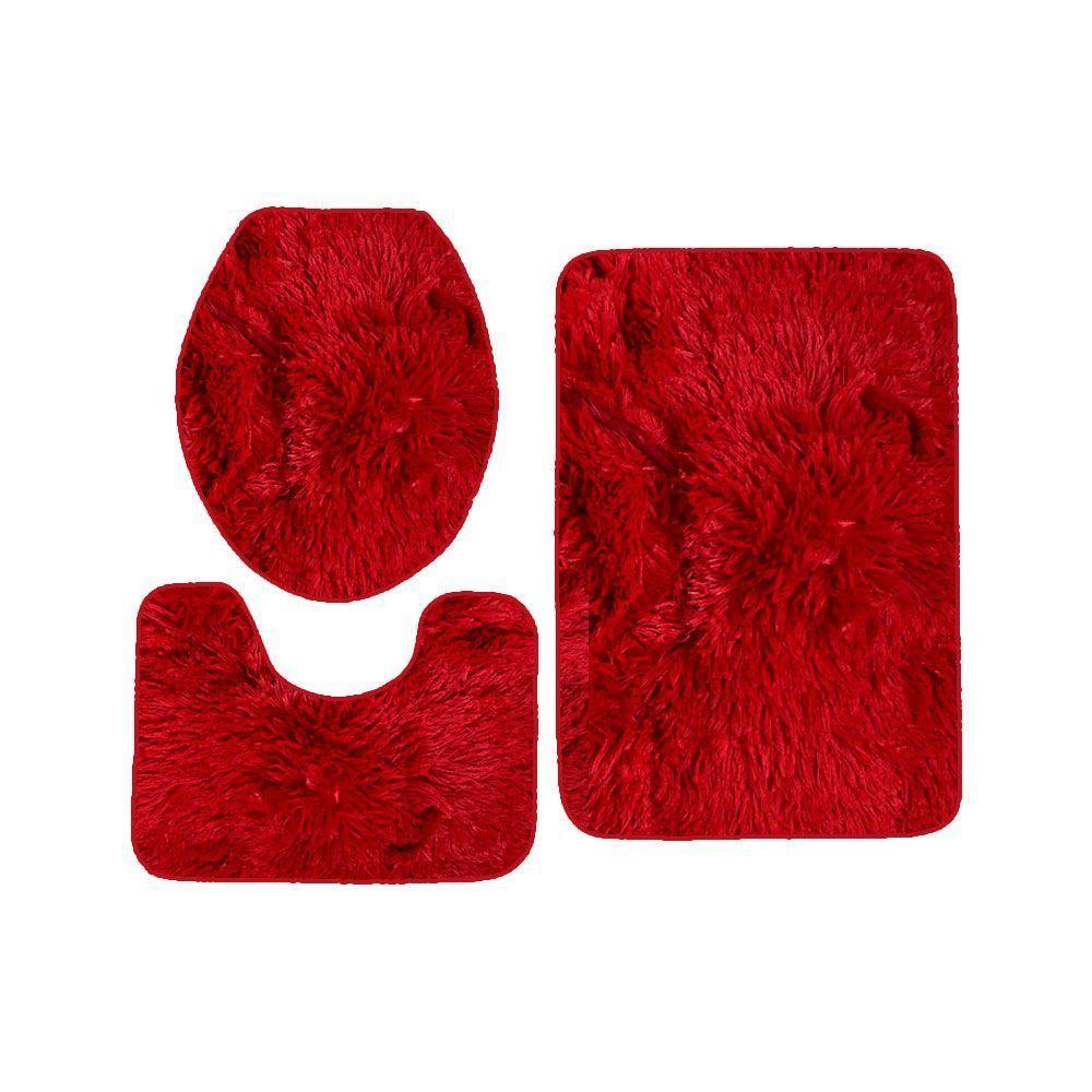 Set Alfombra Baño Antideslizante Peludo 3 Pcs Burdeo-1