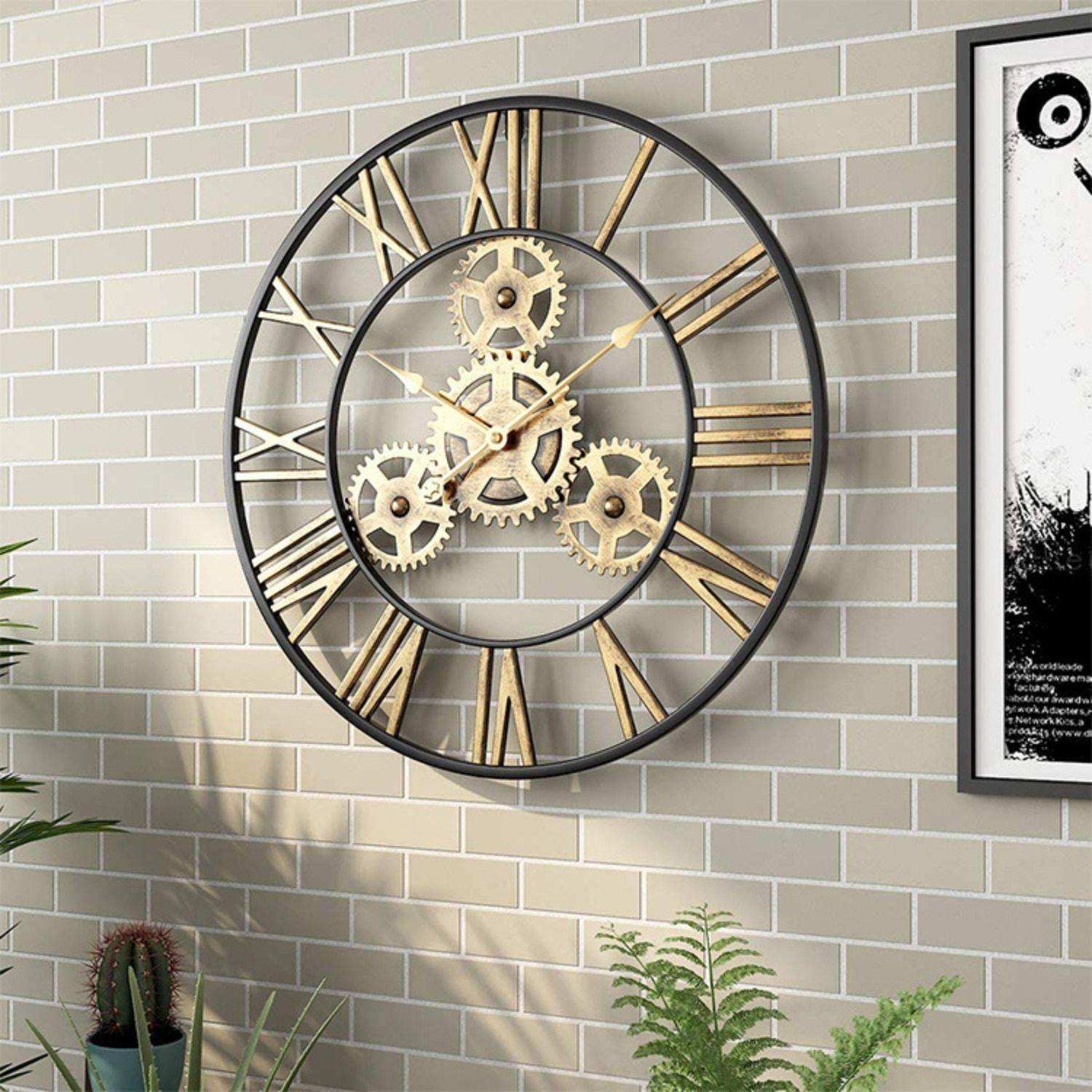 Reloj Mural Clásico Negro Metalico Numeros Dorados-2