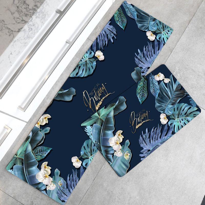 Set 2 Alfombra para cocina diseño Hoja Azul-0