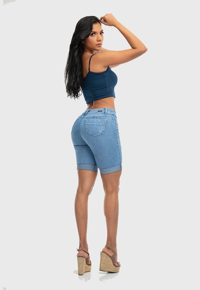 Short Jeans Mujer Tiro Alto Azul Claro Rasgados Fascinate 1014-1