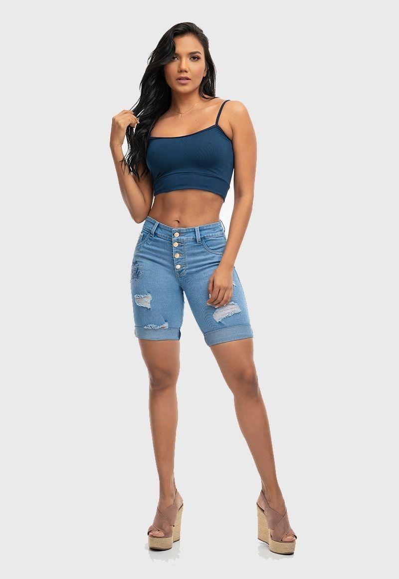 Short Jeans Mujer Tiro Alto Azul Claro Rasgados Fascinate 1014-0