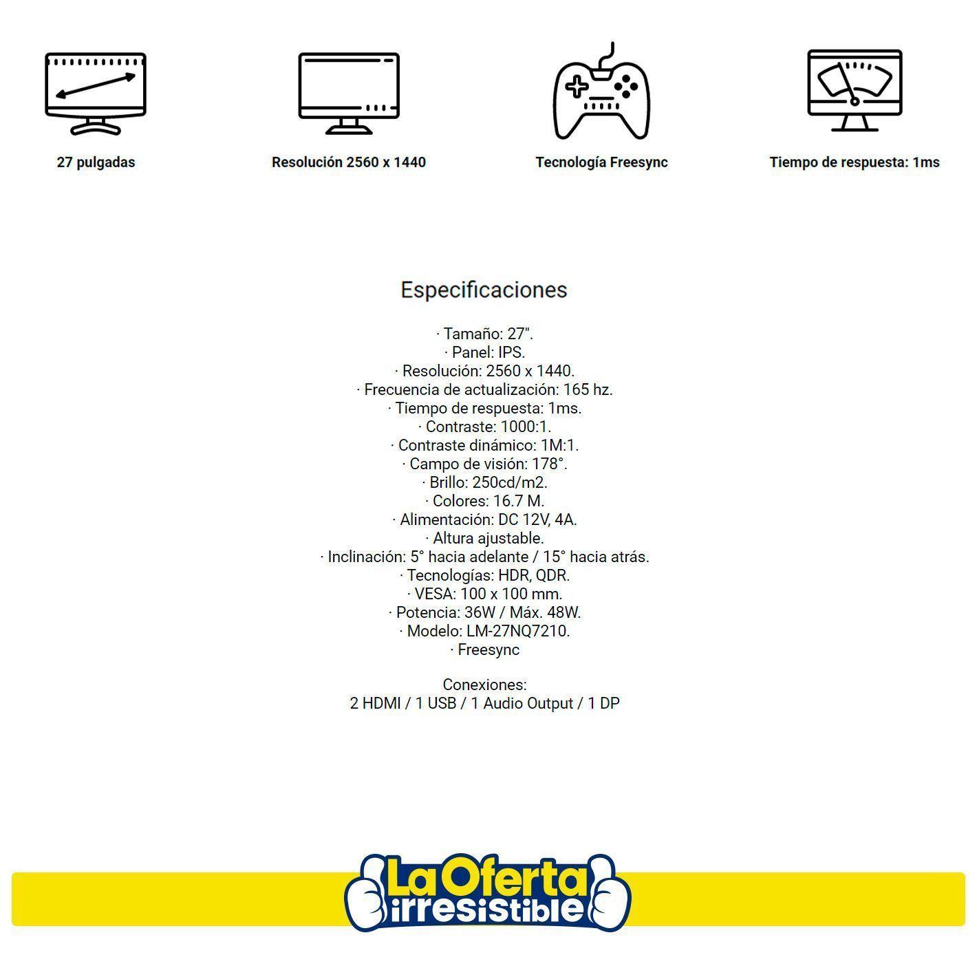 Monitor Gamer JVC 27" QHD 165Hz 1Ms-2