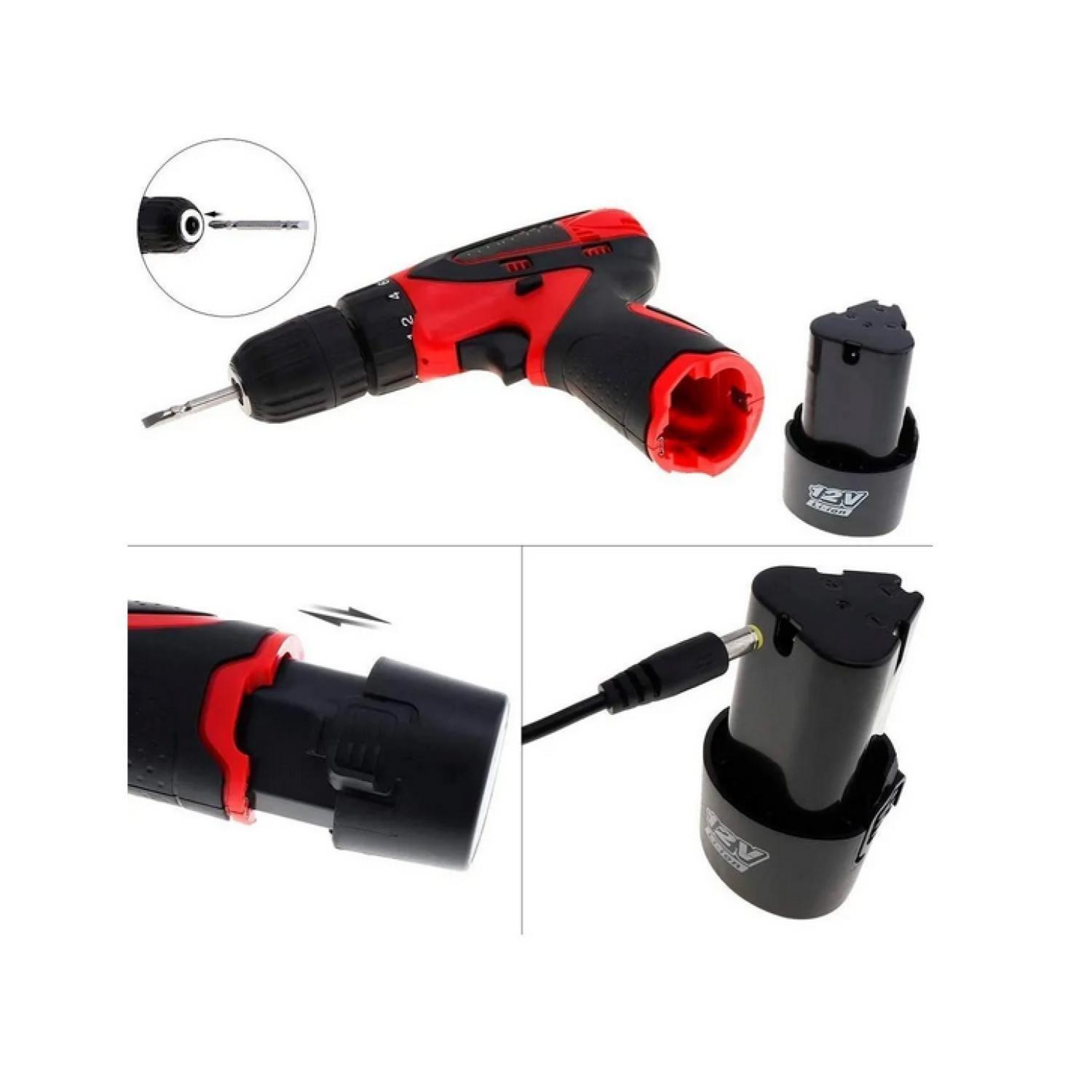 Taladro Desatornillador Inalámbrico Taladro Con 2 Baterías Rojo-2