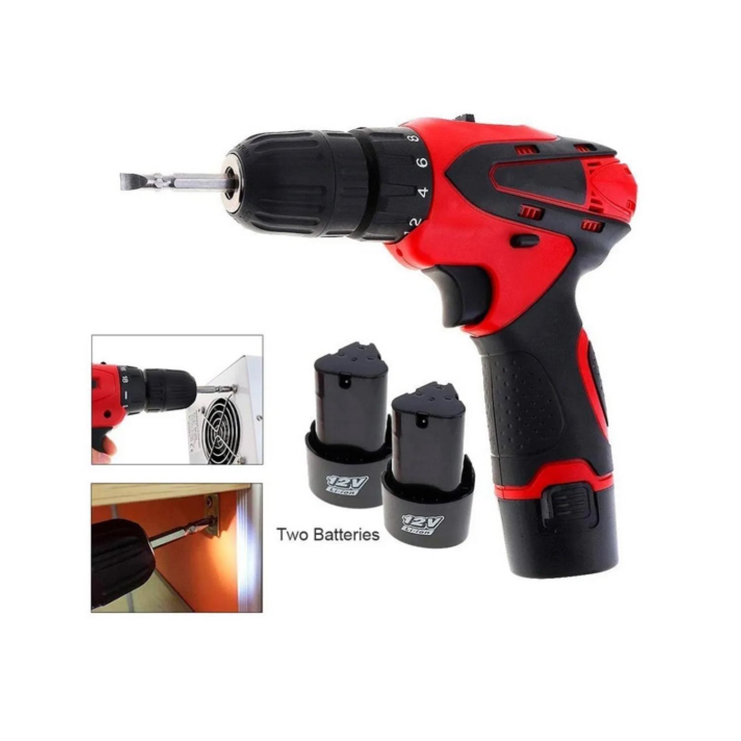 Taladro Desatornillador Inalámbrico Taladro Con 2 Baterías Rojo-4