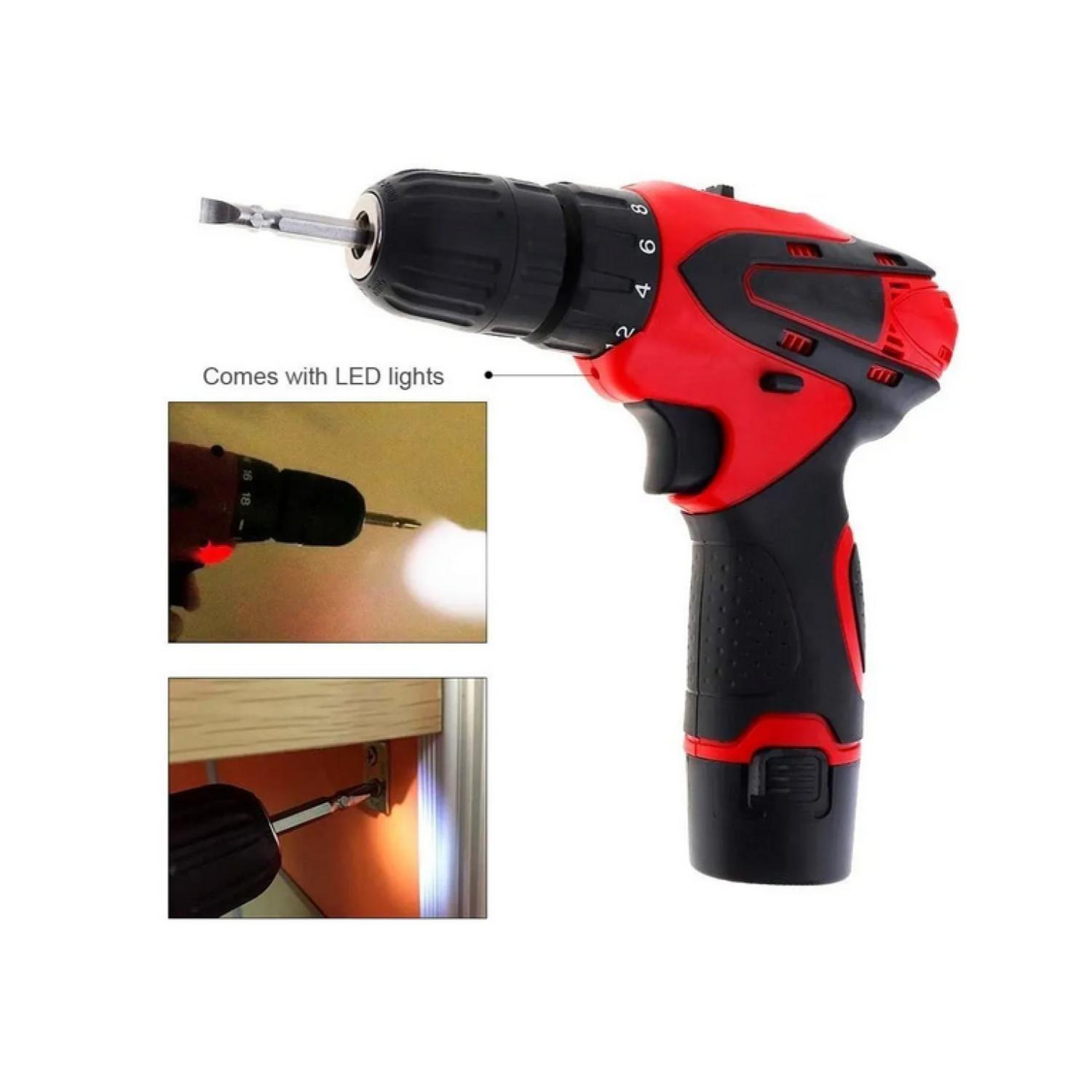 Taladro Desatornillador Inalámbrico Taladro Con 2 Baterías Rojo-3