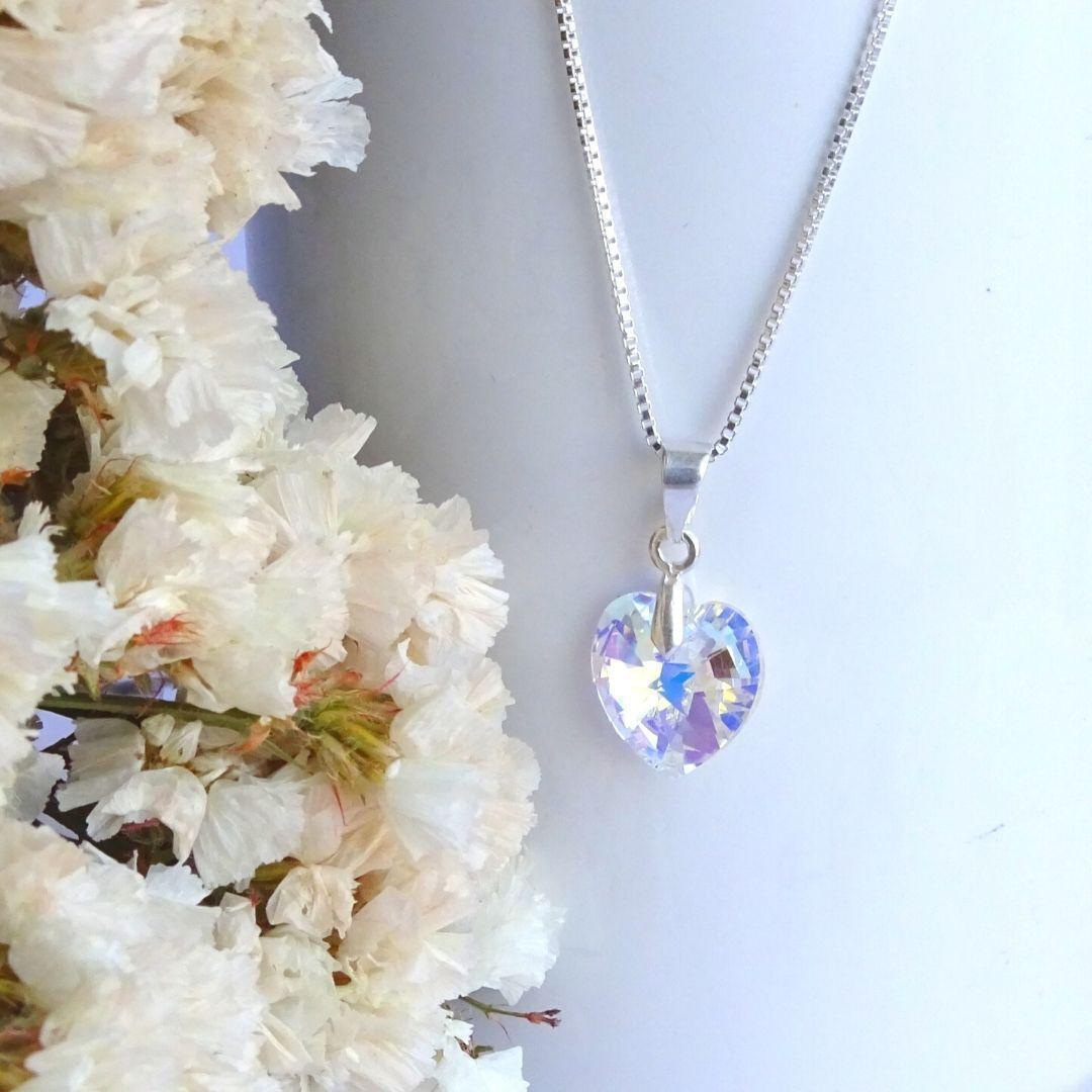 Cadena De Plata (veneciana)con Cristal Corazón Aurora Boreal - MABELITA-2