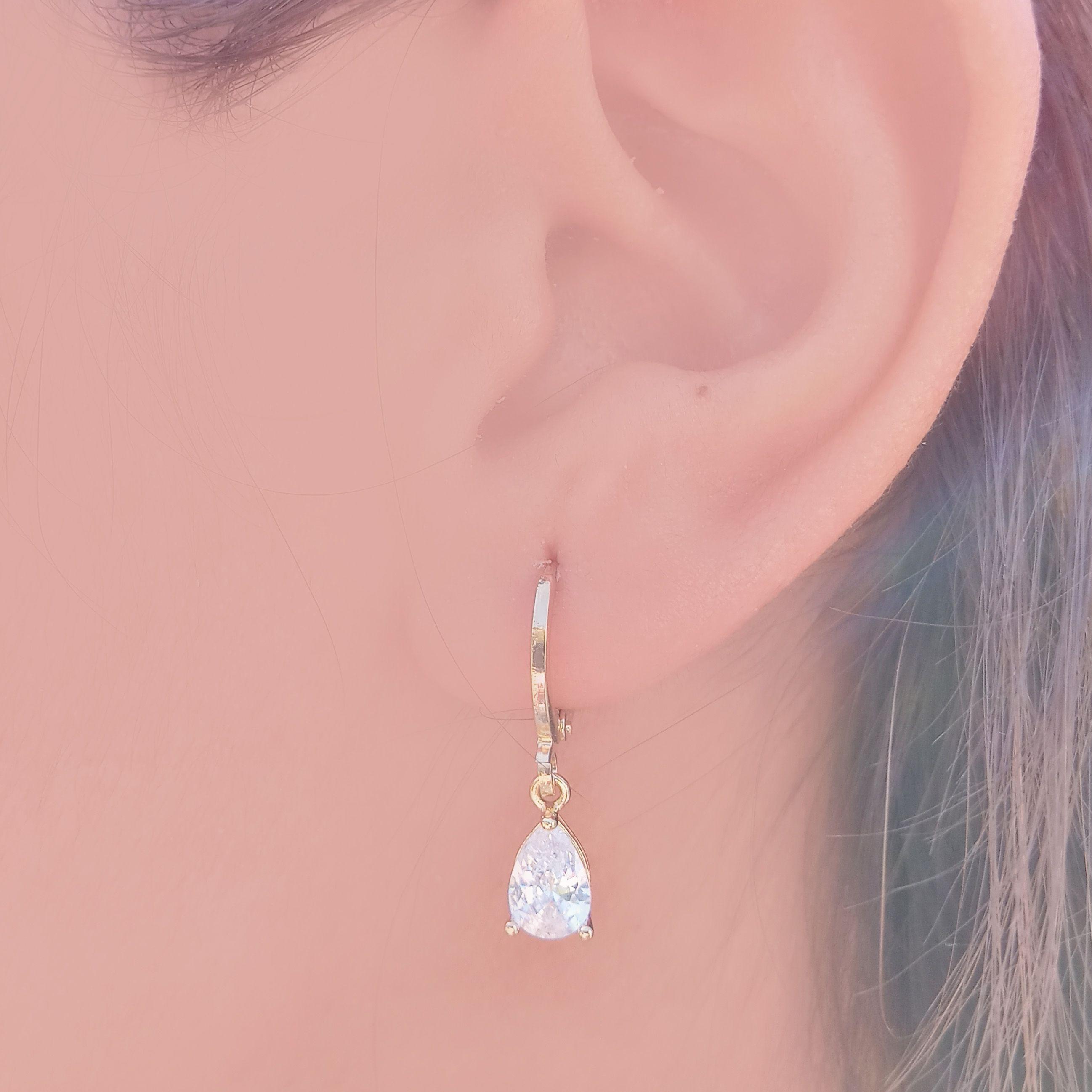 Aros Argolla Circón Gota Blanco Enchapado Oro 18K-3