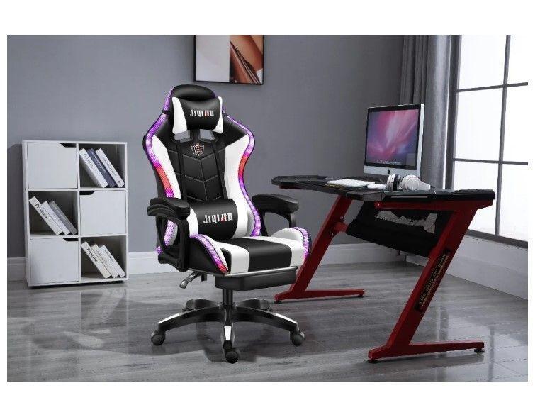 Silla Gamer Blanca, LuzLed Rgb, Parlante Bluetooth, Repoza Pies-1