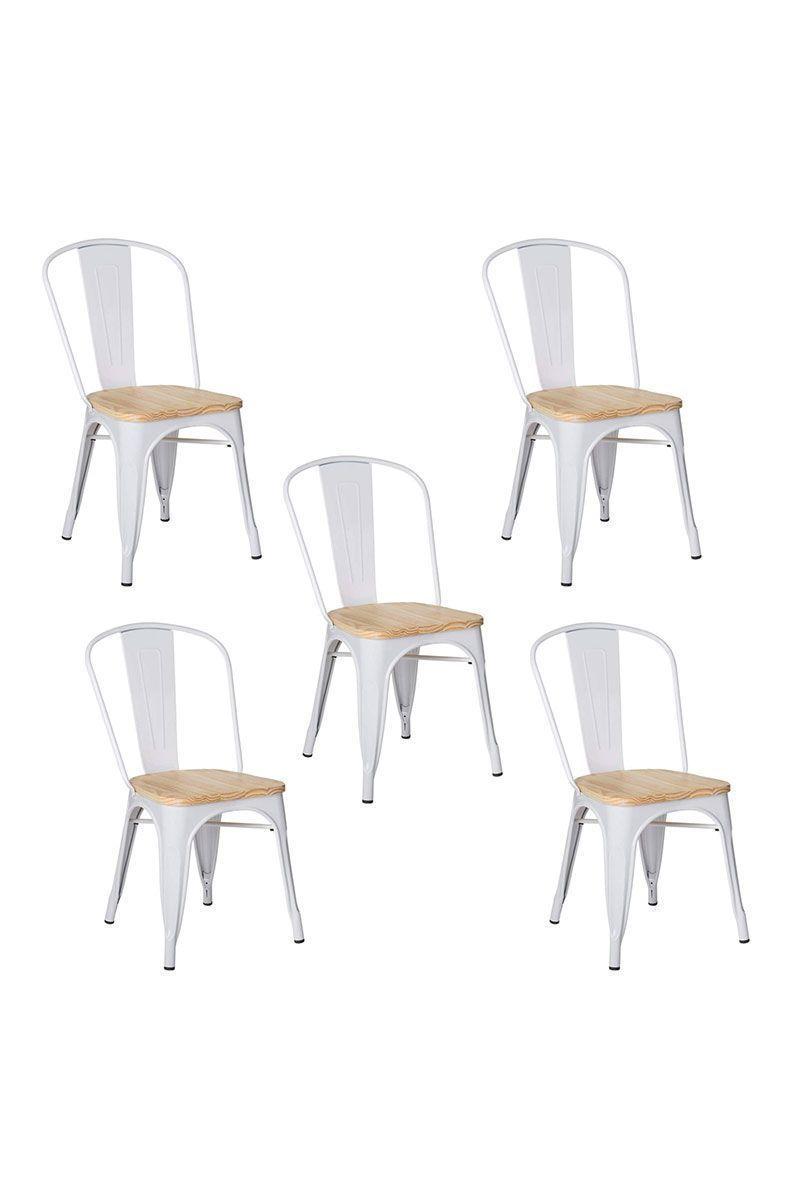 Pack 5 Silla Tolix Vintage con Asiento de Madera Blanco-0