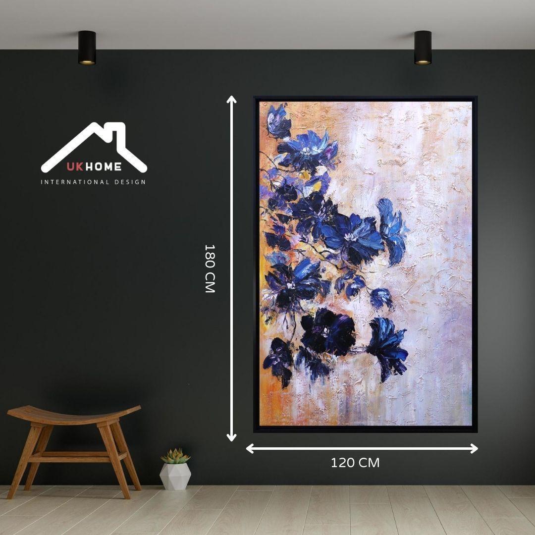 CUADRO EN OLEO FLORES AZULES EN FONDO PASTEL -2