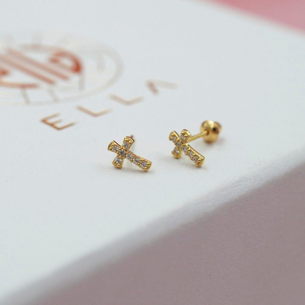 Aros Cruz con Circones Oro Amarillo 18k-1