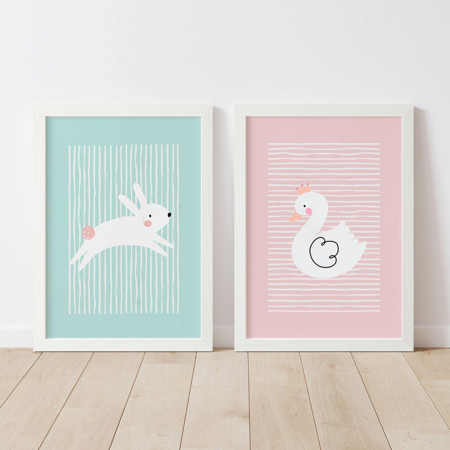 Par de cuadros Cisne y conejo pastel - Decoración Pajarito-0