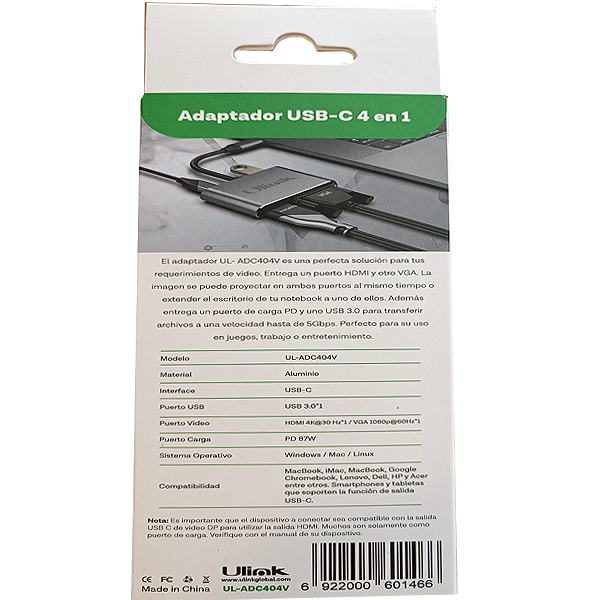 Hub Adaptador 4 en 1 Type-C a HDMI 4K + VGA + USB 3.0+ USB C-10