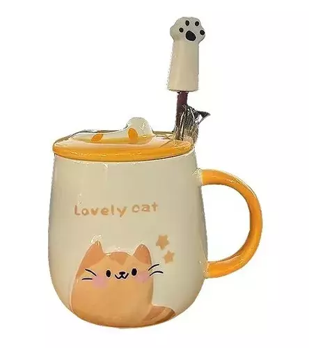 Taza Cafe Te Ceramica Tapa Cuchara Diseño Gato Kawaii 450ml-0