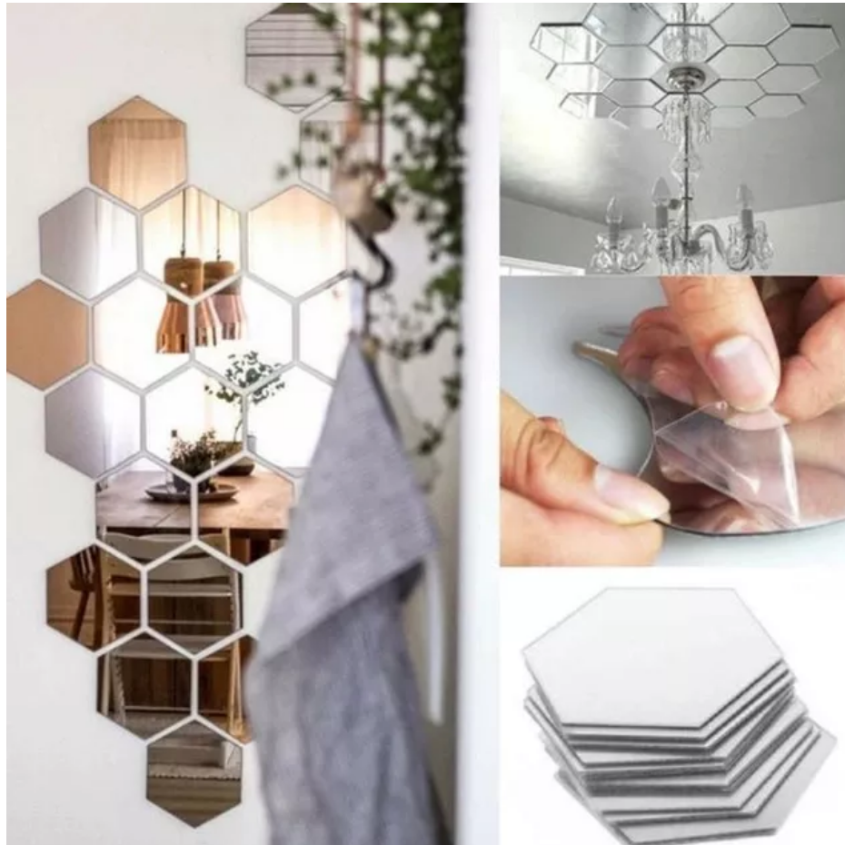 Set Espejo Pared De Acrílico Hexágonos 12 Piezas De 20 Cm-1