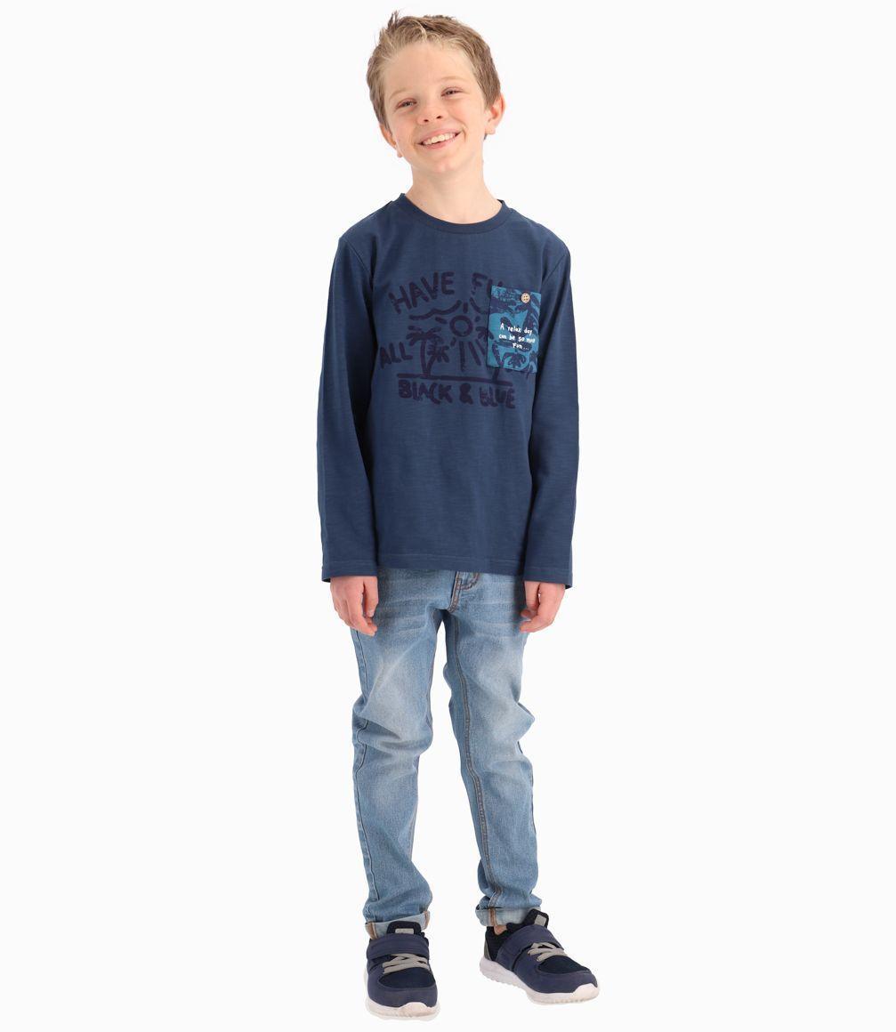 Polera Con Bolsillo Popelín Niño Azul Piedra Black and Blue-1