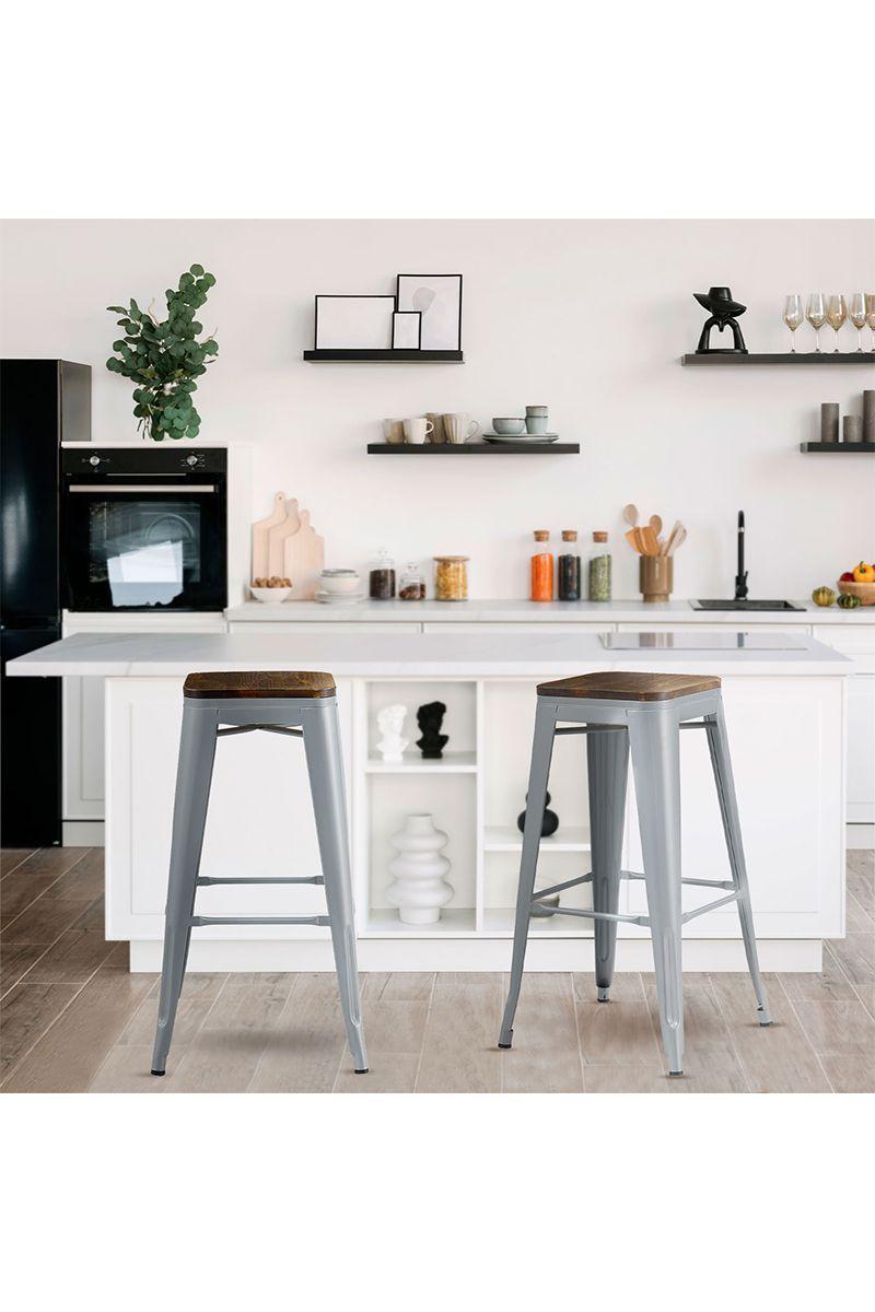 Pack 4 Pisos Metal Tolix con Asiento Madera Gris-5