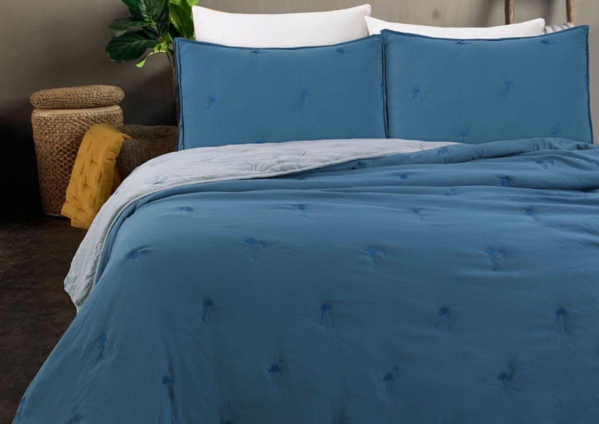 cubrecama de algodón bordados 1.5 azul reversible -0