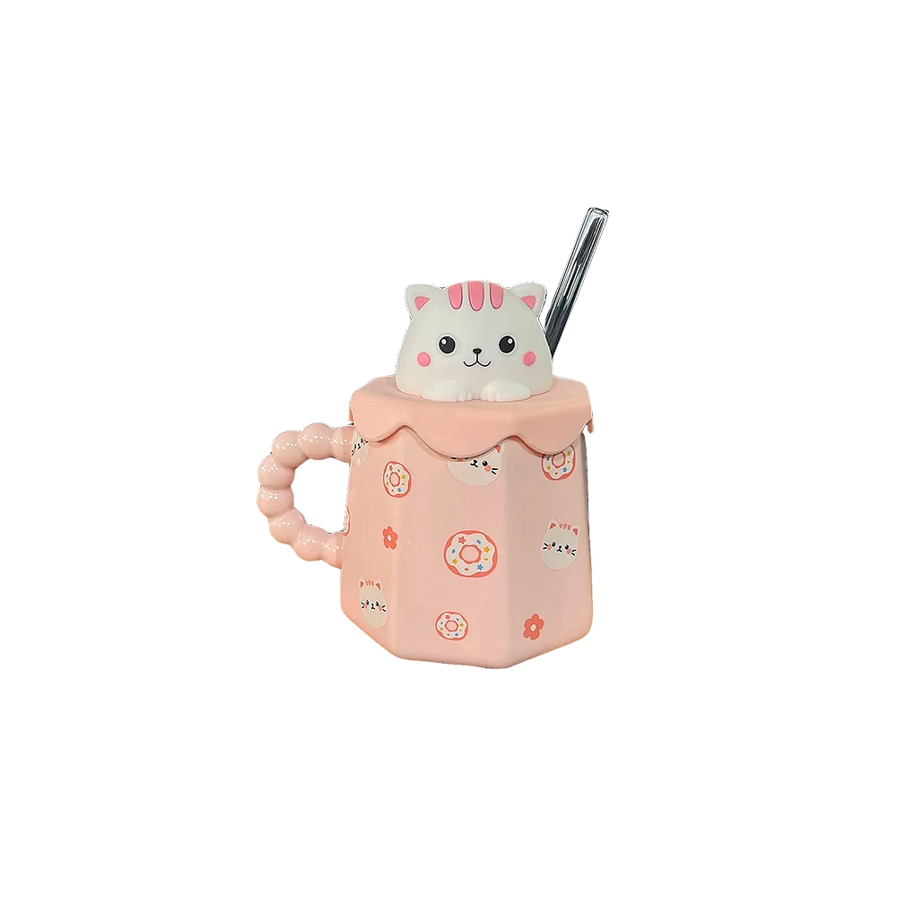 Taza Cafe Ceramica Tapa Silicona Diseño Gato Bombilla 450ml-0