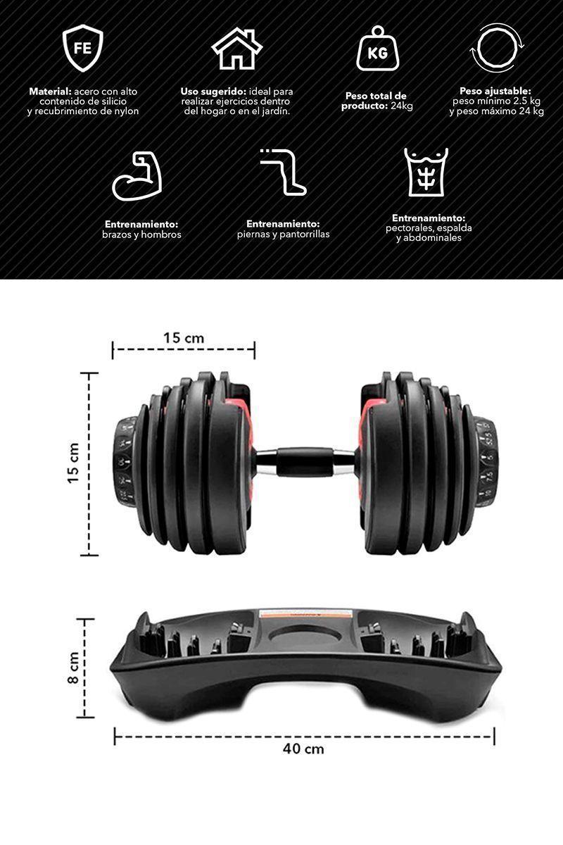 Mancuerna Ajustable Automática 24 Kg Rojo-2