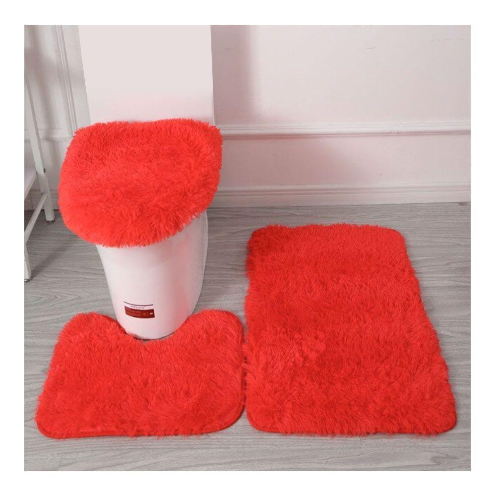 Set Alfombra Baño Antideslizante Peludo 3 Pcs Rojo-0