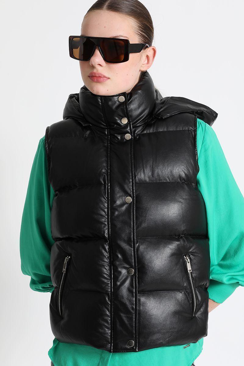 Parka Corta Efecto Piel Negro Liola-3