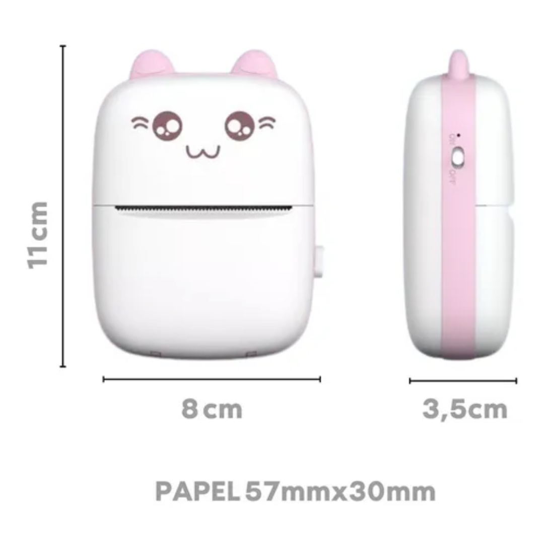 Mini Impresora Térmica Gatito Portátil 3 Rollos Adhesivos de Colores-2
