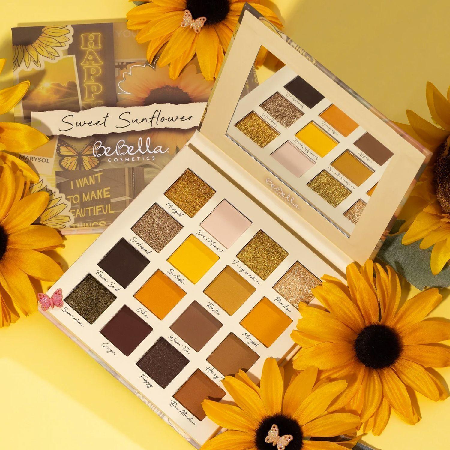 Pack Paleta De Sombras Sweet Sunflower De BeBella Cosmetics + Set 12 Brochas Holo Fun y Estuche Beauty Creations-3