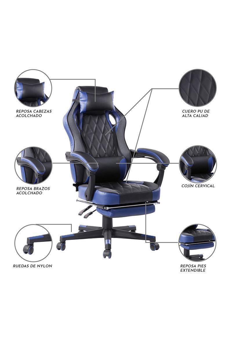 Silla Gamer Reclinable 150° Reposapiés Azul-4