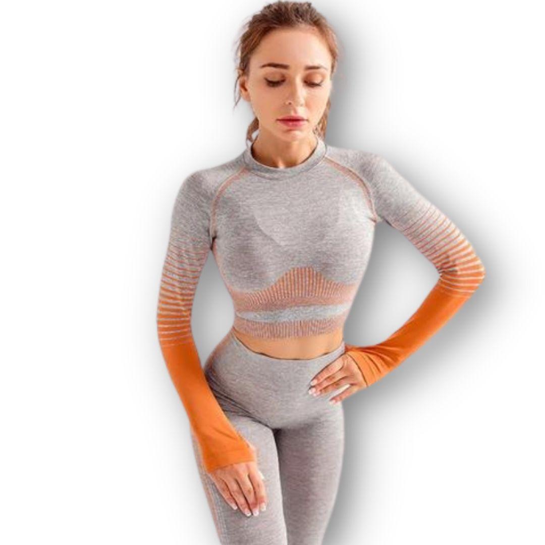 Conjunto Fitness Naranja Gimnasio 2 Piezas Manga Larga Sin Costuras-4