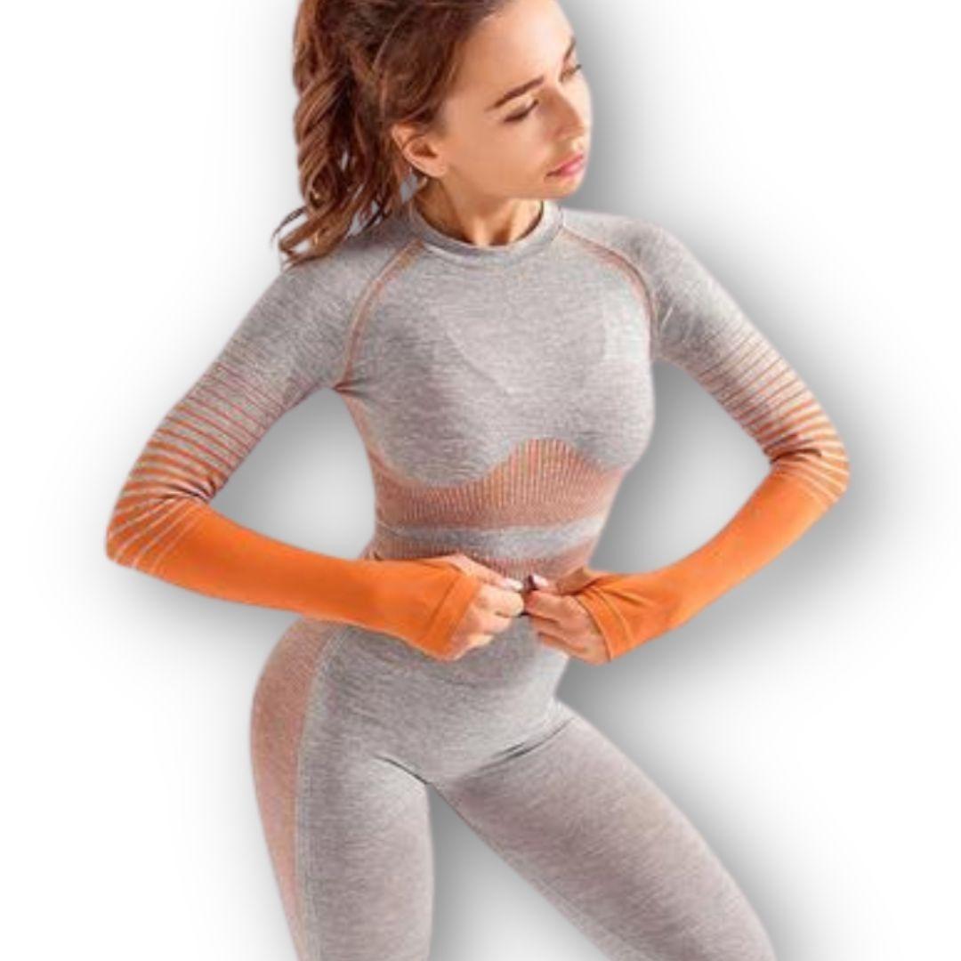 Conjunto Fitness Naranja Gimnasio 2 Piezas Manga Larga Sin Costuras-2